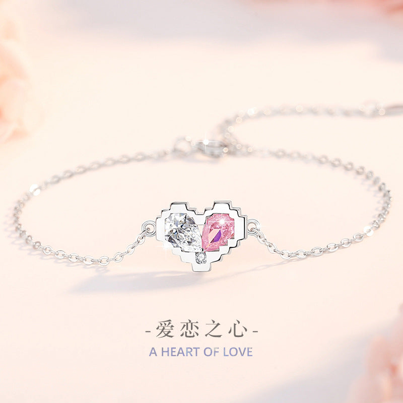 Lovely Sterling Silver 925 Bracelet Female Niche Design Light Luxury Pink Zircon Bracelet Ins Style Heart with Your Bracelet