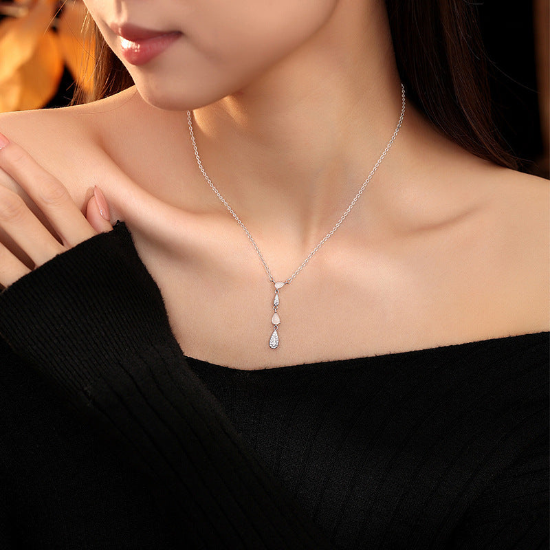New Chinese Style Natural Hetian Jade White Chalcedony S925 Sterling Silver Necklace Elegant All-Match Water Drop Tears Tassel Clavicle Chain