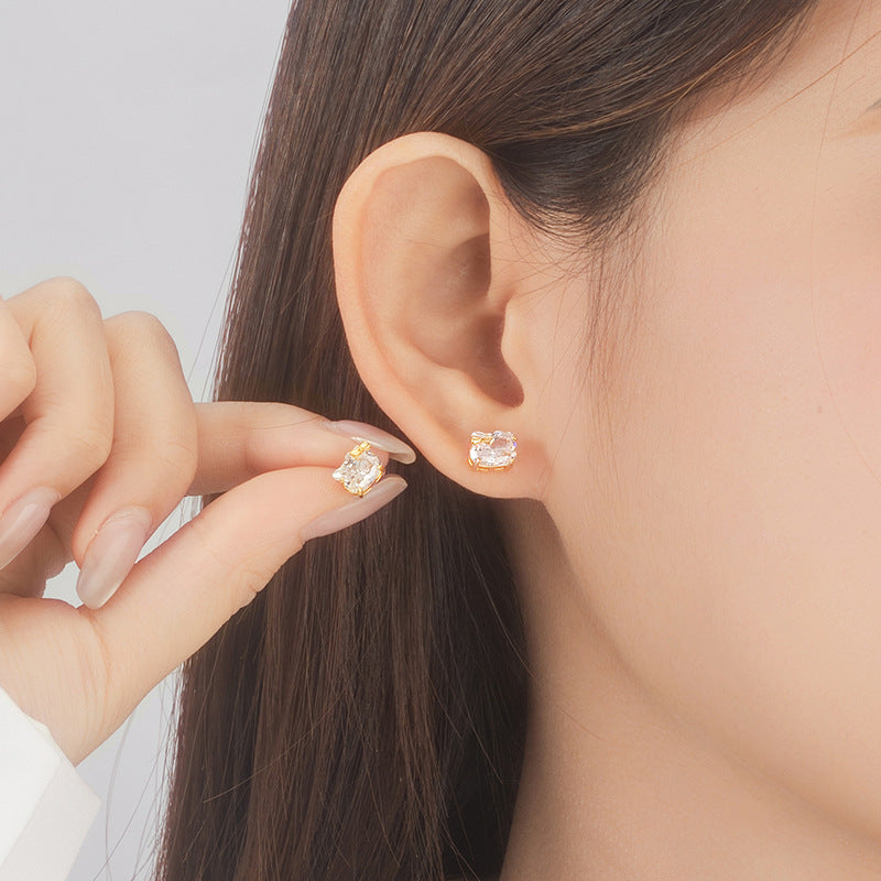 Lucky Cat Sterling Silver 925 Stud Earrings Female Niche Design Light Luxury Bow Zircon Earrings Ins Style Earrings