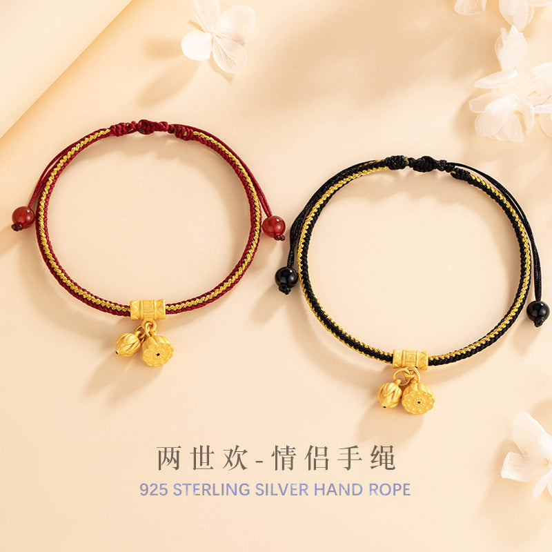 Lucky Lotus Sterling Silver 925 Couple Bracelet New Chinese National Fashion Lotus Red Agate Bracelet Ins Black Agate Bracelet