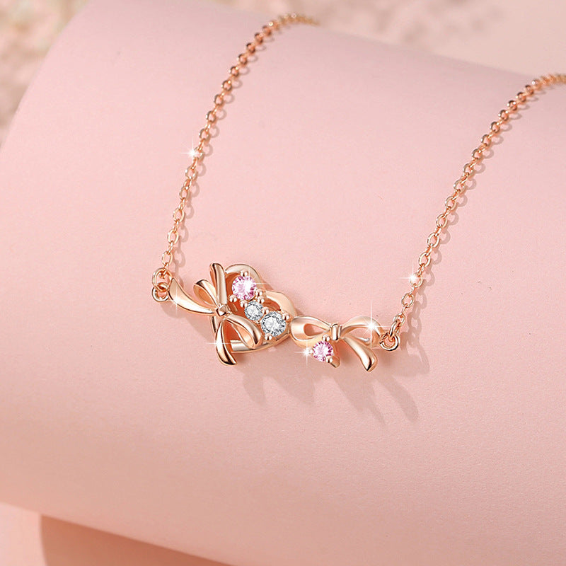 Bowknot Sterling Silver 925 Necklace Female Niche Design Light Luxury Zircon Clavicle Chain Get Things Ins Style Love Pendant