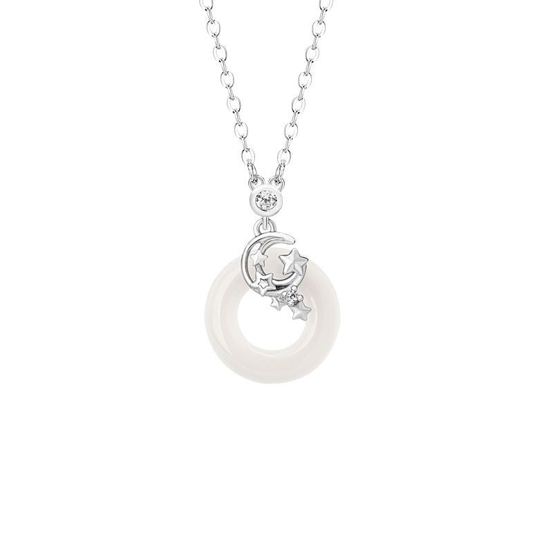 Star Sterling Silver 925 Safety Buckle Necklace for Women New Chinese National Fashion Moon Zircon Clavicle Chain Ins Style Chalcedony Pendant