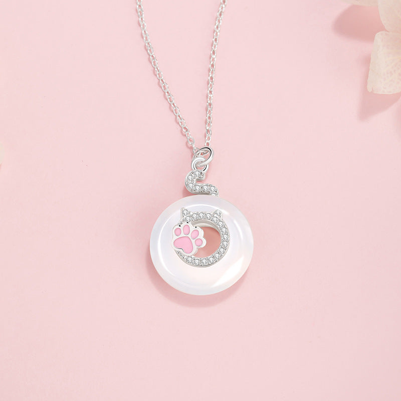 Halskette aus 925er Sterlingsilber – Katze und Scheibe und Chalcedon