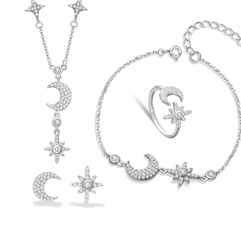 Star Moon Sterling Silver 925 Necklace Niche Design Light Luxury Zircon Eight Awn Star Clavicle Chain Ins Tassel Pendant