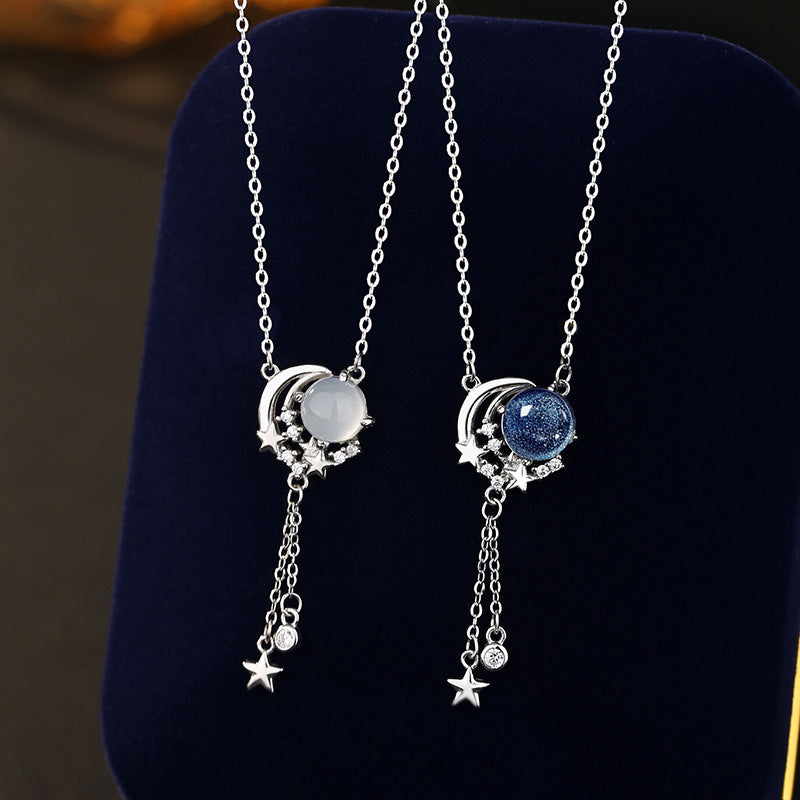 Planet S925 Sterling Silver Necklace Ins Style Natural White Agate Glass Stone Moon Pendant Star Tassel Clavicle Chain