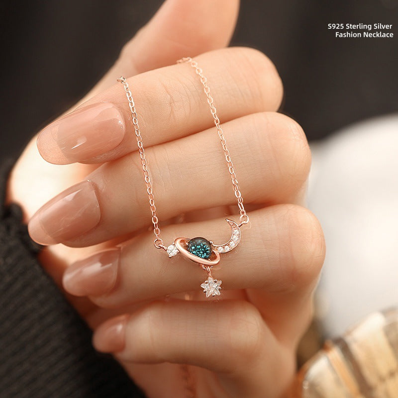 Original Design S925 Sterling Silver Necklace Women's Natural Topaz Starry Sky Stone Pendant Niche Star Moon Planet Clavicle Chain