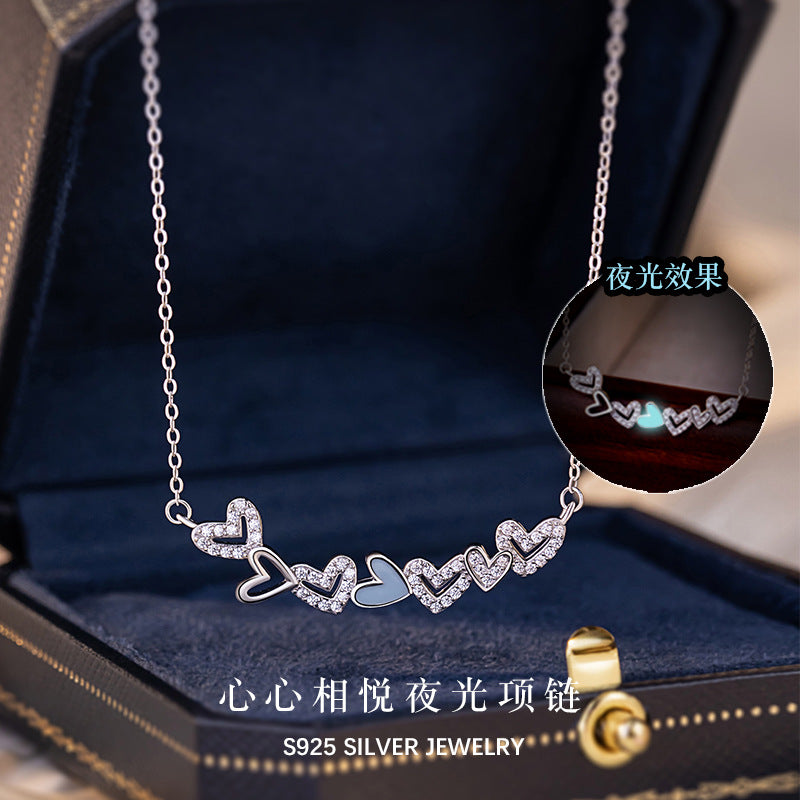 Lovely Sterling Silver 925 Luminous Necklace Female Niche Design Light Luxury Zircon Clavicle Chain Small Red Book Gift Pendant