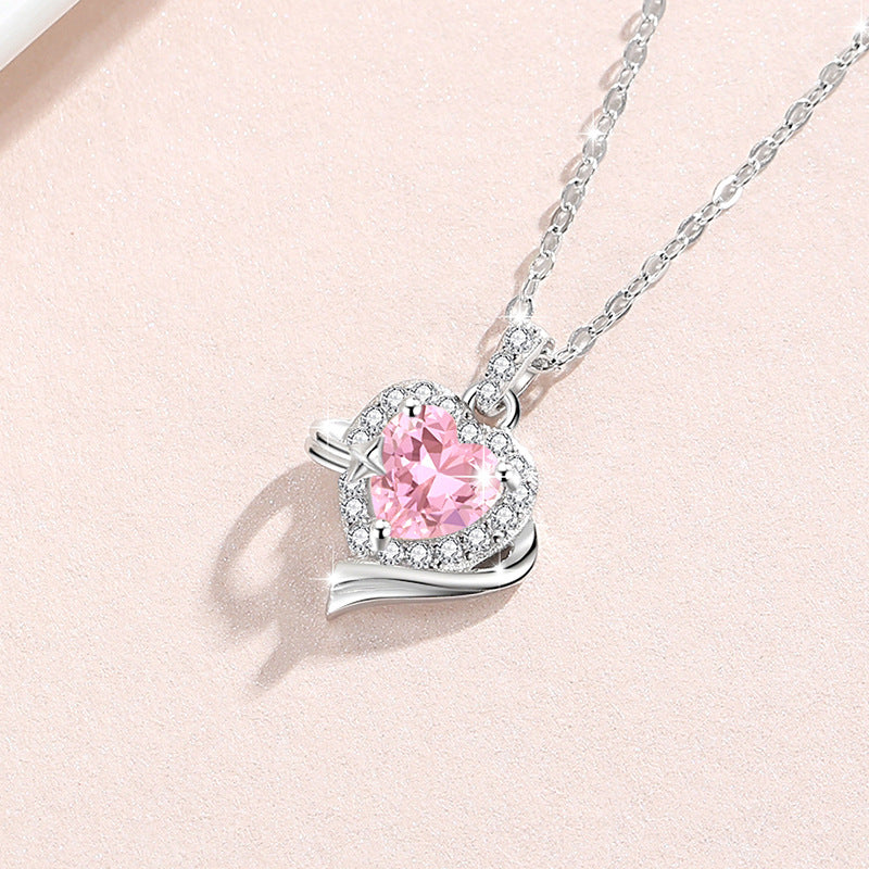 Lovely Sterling Silver 925 Necklace Female Niche Design Light Luxury Star Clavicle Chain Item Ins Pink Zircon Pendant